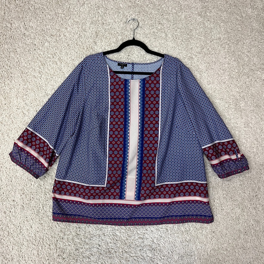 Talbots Long Sleeve Top Womens 2X Lightweight Red Blue Boho 3/4 Sleeves